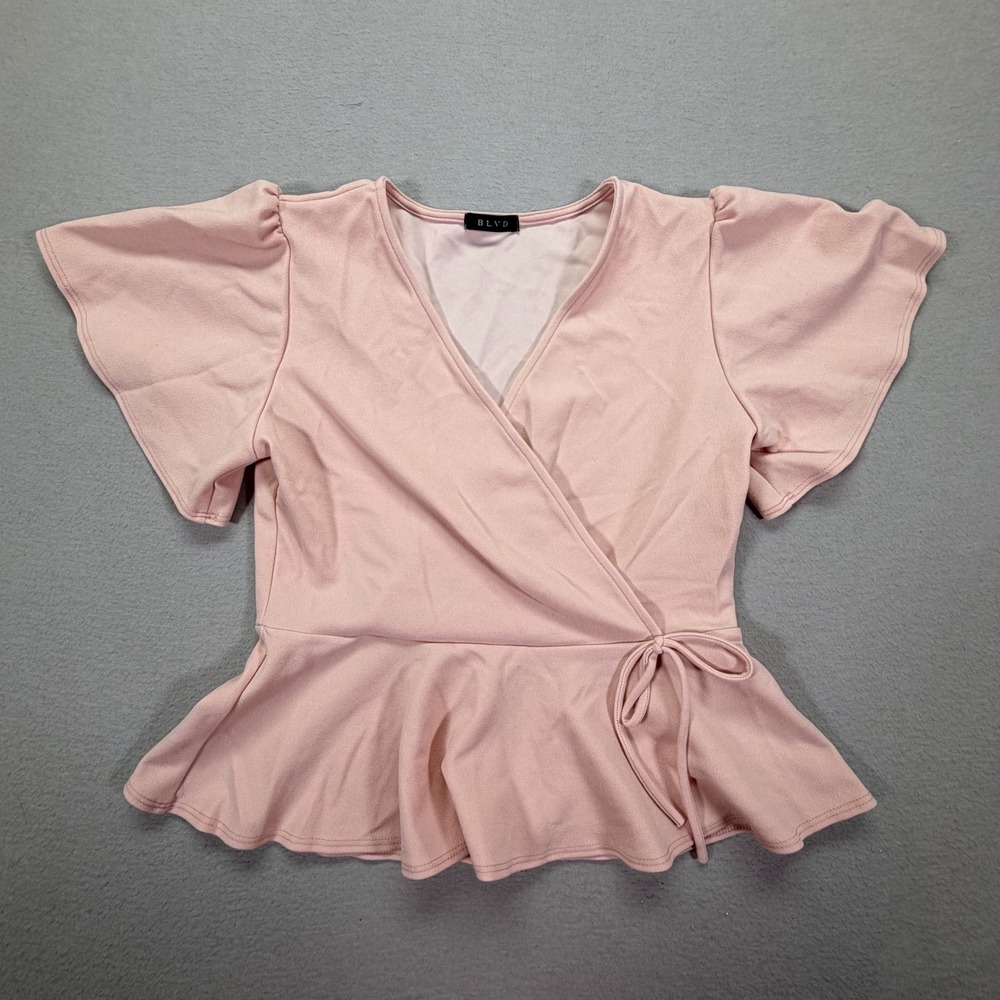 BLVD Women Top Regular Pink Wrap Peplum Flutter Sleeve Large